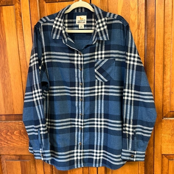 Field & Stream Women’s Flannel BlueCream Plaid Button-down CottonPolyester Top - Picture 2 of 7
